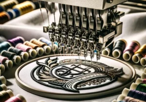 Ontdek de Kunst van Borduren: Artistieke Close-up van een Borduurmachine voor Bedrijfs-, Promotionele en Werkkleding